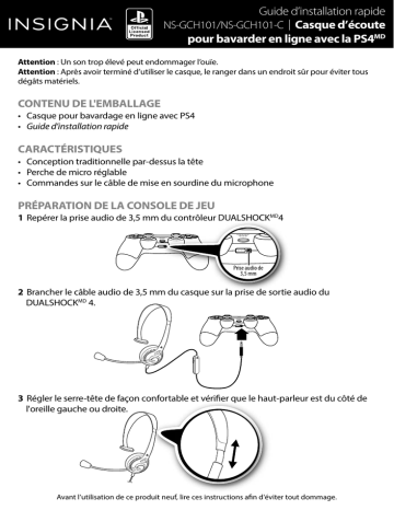 Insignia NS-GCH101 | NS-GCH101-C Wired Mono On-the-Ear Chat Headset for PlayStation 4 Guide d'installation rapide | Fixfr
