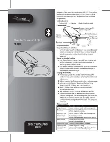 RocketFish RF-QX3 Bluetooth Headset Guide d'installation rapide | Fixfr