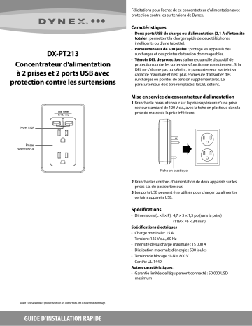 Dynex DX-PT213 2-Outlet Surge Protector Guide d'installation rapide | Fixfr