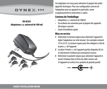 Dynex DX-AC501 Universal AC/DC Power Adapter Guide d'installation rapide | Fixfr