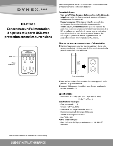 Dynex DX-PT413 4-Outlet 3-USB-Port Power Hub Guide d'installation rapide | Fixfr