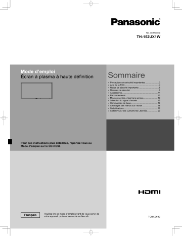 Panasonic TH152UX1W Guide de démarrage rapide | Fixfr