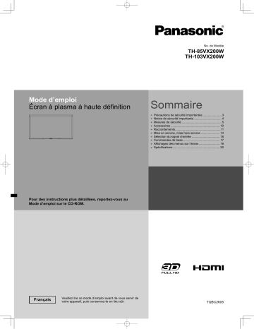 TH103VX200W | Panasonic TH85VX200W Guide de démarrage rapide | Fixfr