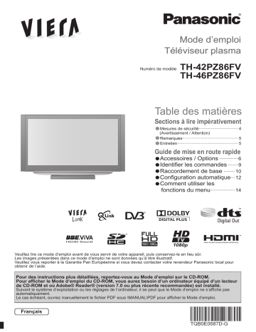 TH42PZ86FV | Panasonic TH46PZ86FV Guide de démarrage rapide | Fixfr