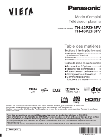 TH42PZH8FV | Panasonic TH46PZH8FV Guide de démarrage rapide | Fixfr