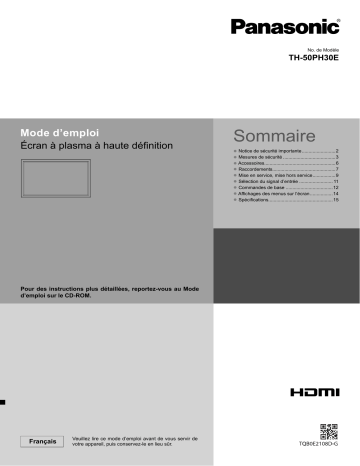 Panasonic TH50PH30E Guide de démarrage rapide | Fixfr