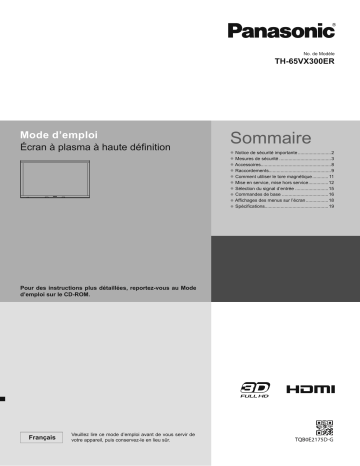 Panasonic TH65VX300ER Guide de démarrage rapide | Fixfr