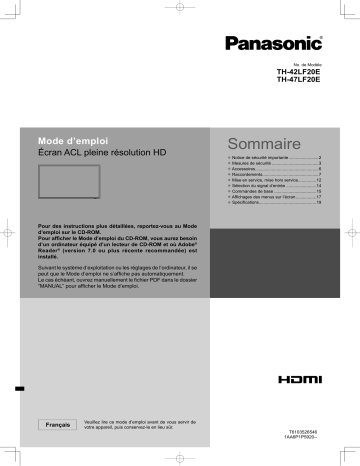 TH42LF20E | Panasonic TH47LF20E Guide de démarrage rapide | Fixfr