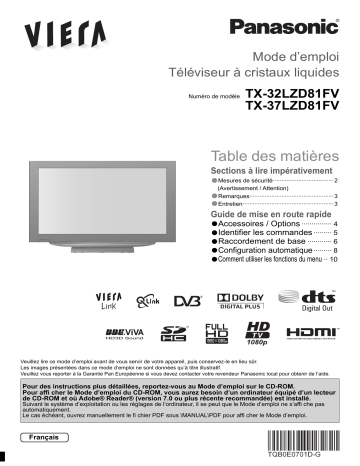 TX32LZD81FV | Panasonic TX37LZD81FV Guide de démarrage rapide | Fixfr