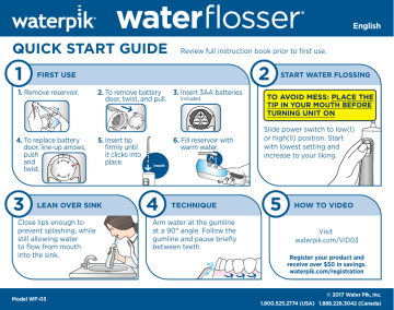 WF-03CD012 | Waterpik WF-03CD010 Cordless Freedom Water Flosser Guide de démarrage rapide | Fixfr