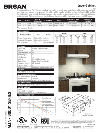 Spécification | Broan BQDD130SS Manuel utilisateur | Fixfr