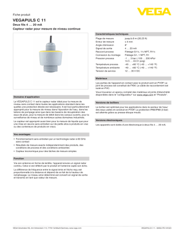 Spécification | Vega VEGAPULS C 11 Wired radar sensor for continuous level measurement Manuel utilisateur | Fixfr