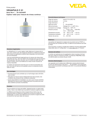 Spécification | Vega VEGAPULS C 21 Wired radar sensor for continuous level measurement Manuel utilisateur | Fixfr