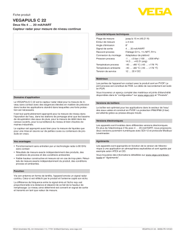 Spécification | Vega VEGAPULS C 22 Wired radar sensor for continuous level measurement Manuel utilisateur | Fixfr