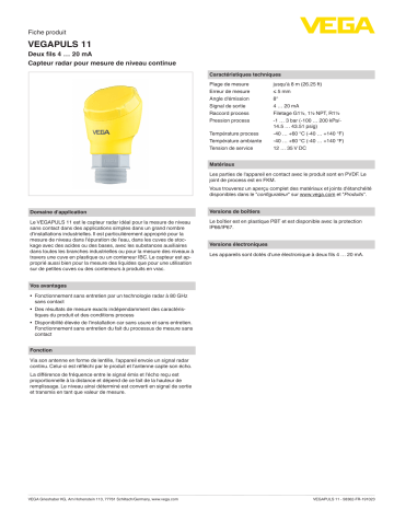 Spécification | Vega VEGAPULS 11 Compact radar sensor for continuous level measurement Manuel utilisateur | Fixfr