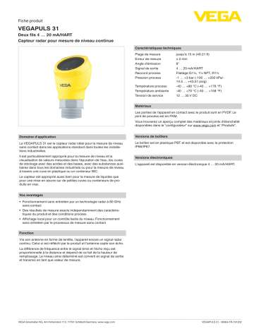 Spécification | Vega VEGAPULS 31 Compact radar sensor for continuous level measurement Manuel utilisateur | Fixfr
