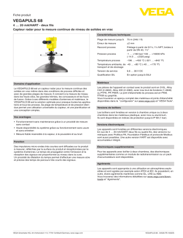 Spécification | Vega VEGAPULS 68 Radar sensor for continuous level measurement of bulk solids Manuel utilisateur | Fixfr