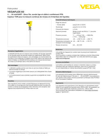 Spécification | Vega VEGAFLEX 83 TDR sensor for continuous level and interface measurement of liquids Manuel utilisateur | Fixfr