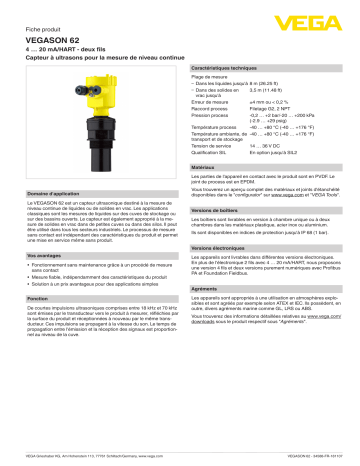 Spécification | Vega VEGASON 62 Ultrasonic sensor for continuous level measurement Manuel utilisateur | Fixfr