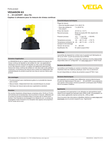 Spécification | Vega VEGASON 63 Ultrasonic sensor for continuous level measurement Manuel utilisateur | Fixfr