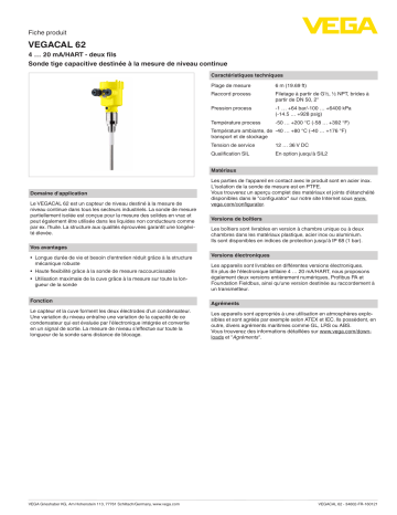 Spécification | Vega VEGACAL 62 Capacitive rod probe for continuous level measurement Manuel utilisateur | Fixfr