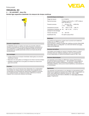 Spécification | Vega VEGACAL 63 Capacitive rod probe for continuous level measurement Manuel utilisateur | Fixfr