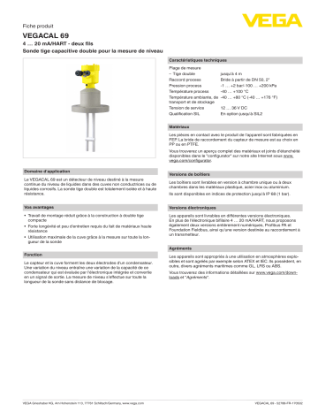Spécification | Vega VEGACAL 69 Capacitive double rod electrode for level measurement Manuel utilisateur | Fixfr