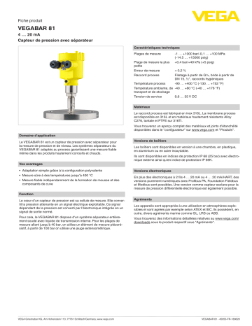 Spécification | Vega VEGABAR 81 Pressure transmitter with chemical seal Manuel utilisateur | Fixfr