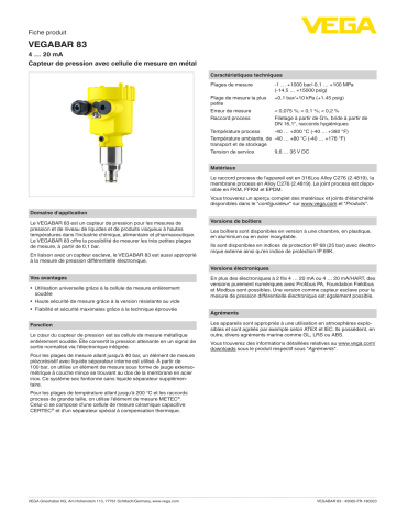 Spécification | Vega VEGABAR 83 Pressure transmitter with metallic measuring cell Manuel utilisateur | Fixfr
