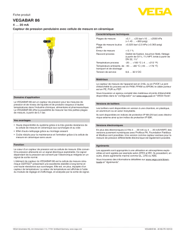 Spécification | Vega VEGABAR 86 Submersible pressure transmitter with ceramic measuring cell Manuel utilisateur | Fixfr