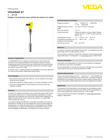 Spécification | Vega VEGABAR 87 Submersible pressure transmitter with metallic measuring cell Manuel utilisateur | Fixfr