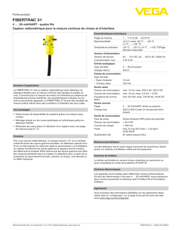 Spécification | Vega FIBERTRAC 31 Radiometric sensor for continuous level measurement Manuel utilisateur | Fixfr