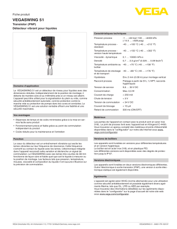Spécification | Vega VEGASWING 51 Vibrating level switch for liquids Manuel utilisateur | Fixfr
