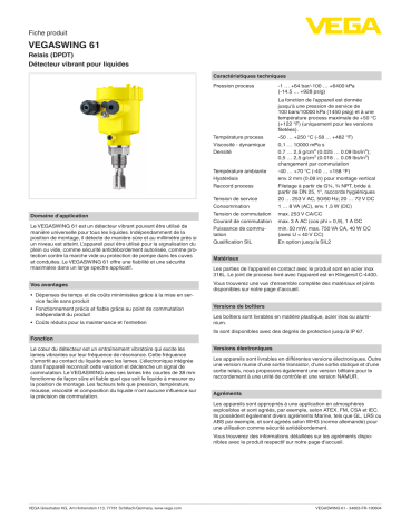 Spécification | Vega VEGASWING 61 Vibrating level switch for liquids Manuel utilisateur | Fixfr