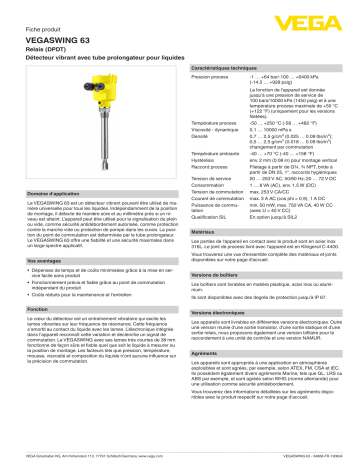 Spécification | Vega VEGASWING 63 Vibrating level switch with tube extension for liquids Manuel utilisateur | Fixfr