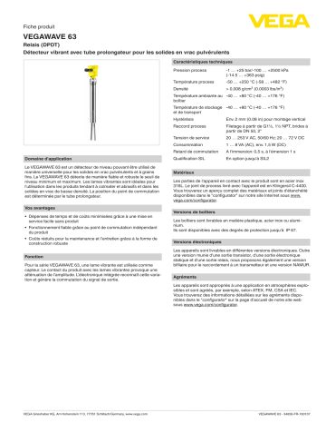 Spécification | Vega VEGAWAVE 63 Vibrating level switch with tube extension for powders Manuel utilisateur | Fixfr
