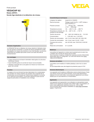 Spécification | Vega VEGACAP 62 Capacitive rod probe for level detection Manuel utilisateur | Fixfr