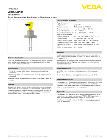 Spécification | Vega VEGACAP 69 Capacitive double rod electrode for level measurement Manuel utilisateur | Fixfr