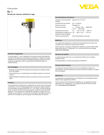 Spécification | Vega EL 1 Conductive rod probe Manuel utilisateur | Fixfr