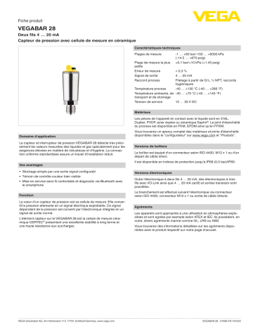 Spécification | Vega VEGABAR 28 Pressure sensor with switching function Manuel utilisateur | Fixfr