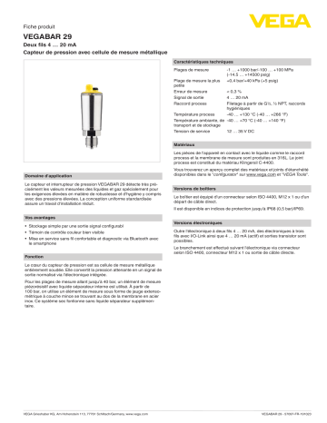 Spécification | Vega VEGABAR 29 Pressure sensor with switching function Manuel utilisateur | Fixfr