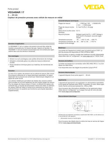 Spécification | Vega VEGABAR 17 Process pressure transmitter with metallic measuring cell Manuel utilisateur | Fixfr