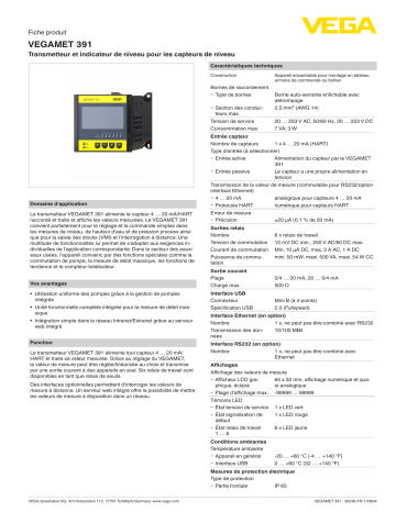 Spécification | Vega VEGAMET 391 Controller and display instrument for level sensors Manuel utilisateur | Fixfr