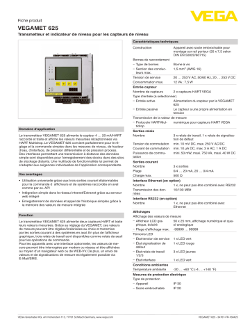 Spécification | Vega VEGAMET 625 Controller and display instrument for level sensors Manuel utilisateur | Fixfr