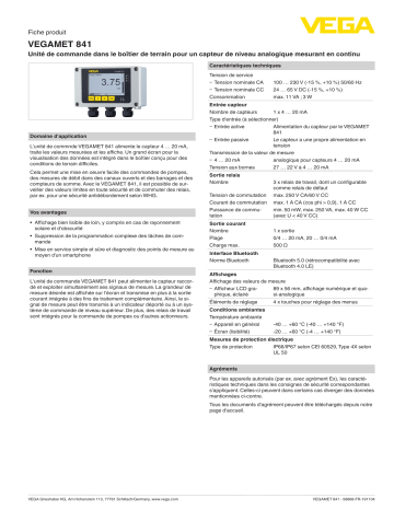 Spécification | Vega VEGAMET 841 Robust controller and display instrument for level sensors Manuel utilisateur | Fixfr