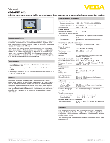 Spécification | Vega VEGAMET 842 Robust controller and display instrument for level sensors Manuel utilisateur | Fixfr