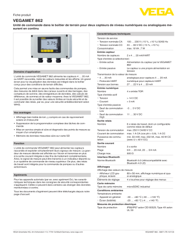 Spécification | Vega VEGAMET 862 Robust controller and display instrument for level sensors Manuel utilisateur | Fixfr