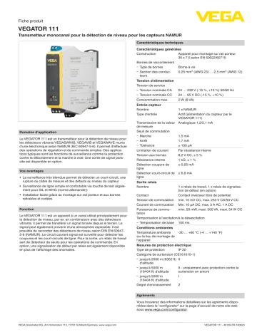 Spécification | Vega VEGATOR 111 Single channel controller acc. to NAMUR (IEC 60947-5-6) for level detection Manuel utilisateur | Fixfr