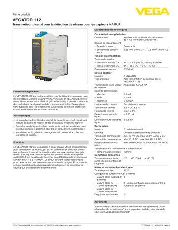 Spécification | Vega VEGATOR 112 Double channel controller acc. to NAMUR (IEC 60947-5-6) for level detection Manuel utilisateur | Fixfr