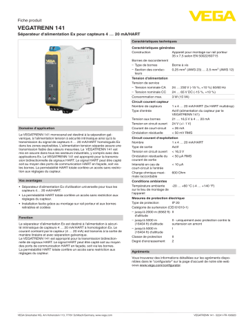 Spécification | Vega VEGATRENN 141 Single channel separator for 4 … 20 m/HART sensors Manuel utilisateur | Fixfr
